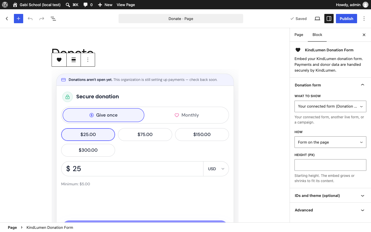 The WordPress block editor with the KindLumen Donation Form block selected and its settings panel showing What to show and How.