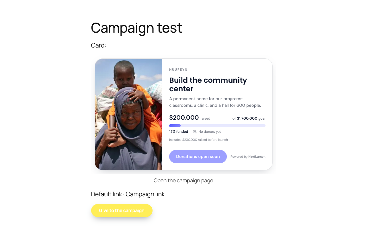 A WordPress page showing a KindLumen campaign card with a photo, amount raised, goal, progress bar, and Donate button.